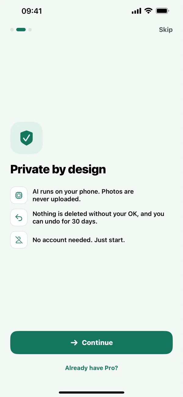Tidyroll onboarding screen titled Private by design: AI runs on your phone, nothing is deleted without your OK, and no account is needed