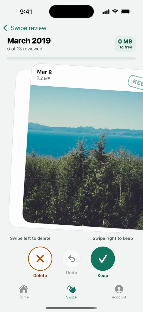 Swipe review in March 2019: a photo card tilts to the right with a Keep stamp, above the Delete, Undo and Keep buttons